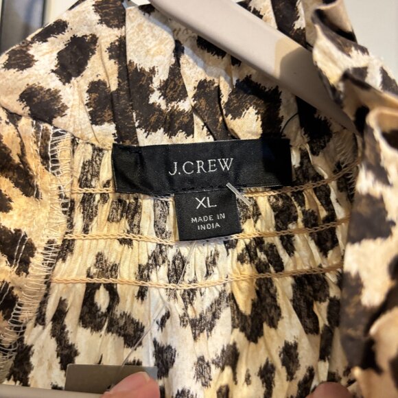 J. Crew Leopard Animal Print Ruffle Neck Smocked Puff Sleeve Dress - Picture 2 of 15